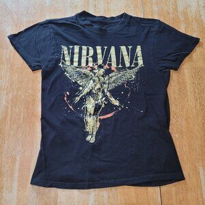 NIRVANA Black Graphic Angel Tee with Cream and Orange Print